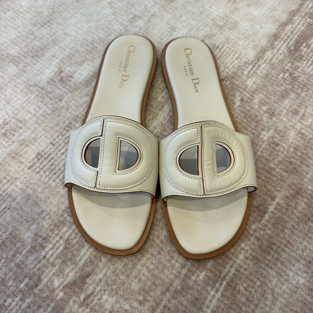 Dior Women's Cream D-Club Logo Leather Slide Sandals